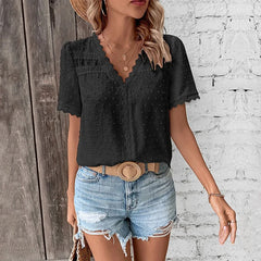 Eva | Dames V-Hals Kanten Korte Mouw Blouse