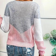 Marlene | Damen Locker Geschnittener Pullover Colorblock Strick Rundhals