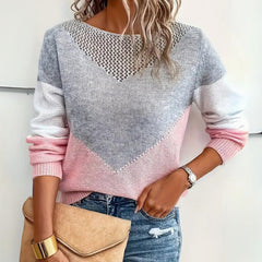 Marlene | Damen Locker Geschnittener Pullover Colorblock Strick Rundhals