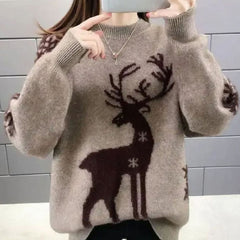 Annika | Damen Oversize Strickpullover mit Rentiermotiv festlicher Weihnachtspulli