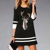 Clara | Damen Weihnachtskleid mit Rentierdruck Pailletten Shift-Kleid