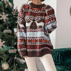 Emilia | Damen Weihnachtspullover mit Rentiermuster Oversized Strickpulli