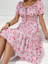 Anna | Dames Bloemenprint Midi-jurk Vierkante Hals Korte Mouw Zomer