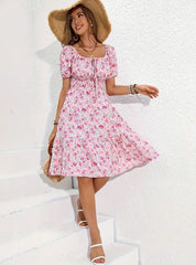 Anna | Dames Bloemenprint Midi-jurk Vierkante Hals Korte Mouw Zomer