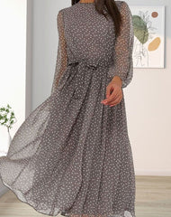 Emma | Dames Elegante A-lijn Jurk Stippenprint Lange Mouwen Strikceintuur