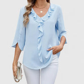 Anna | Dames Elegante Ruches V-hals Blouse met Driekwart Mouw