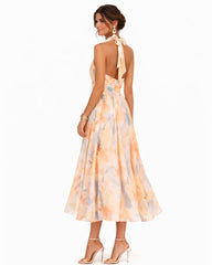 Eva | Dames Halterneck Chiffon Bloemenprint Midi-jurk
