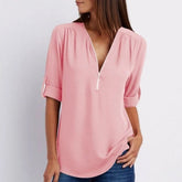 Fleur | Dames Lichtgewicht V-hals Blouse Oprolbare Mouwen Ritsluiting