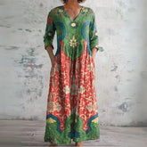 Emma | Dames Linnen Boho Etnische V-Hals Maxi Jurk