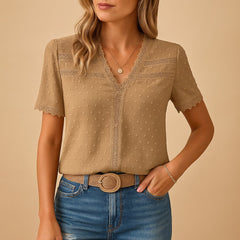 Eva | Dames V-Hals Kanten Korte Mouw Blouse
