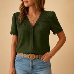 Eva | Dames V-Hals Kanten Korte Mouw Blouse