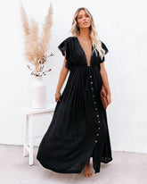 Lisa | Dames V-hals Knoopsluiting Maxi-jurk met Korte Mouwen