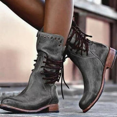 Anna | Enkellaarsjes Dames Vintage Veterschoenen Blokhak Nietendetail