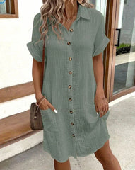 Lieke | Midi jurk dames casual hemdblouse crinkle knopen zakken