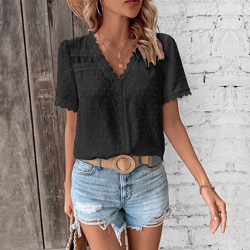 Eva | Dames V-Hals Kanten Korte Mouw Blouse