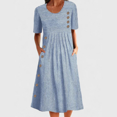 Jennav | Dames Jurk met Knoopdetail en Korte Mouwen