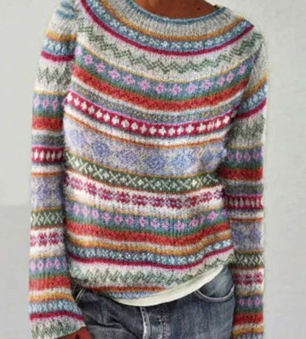 Annika | Damen Bunter Strickpullover Rundhalsausschnitt für den Alltag