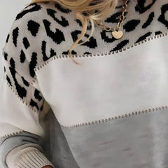 Luisa | Damen Farbblock und Leopardenmuster Weicher Strickpullover