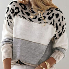 Luisa | Damen Farbblock und Leopardenmuster Weicher Strickpullover