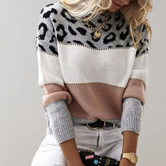 Luisa | Damen Farbblock und Leopardenmuster Weicher Strickpullover