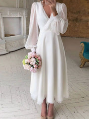Elisabeth | Damen Fließendes Brautkleid Langarm V-Ausschnitt Midi Chiffon