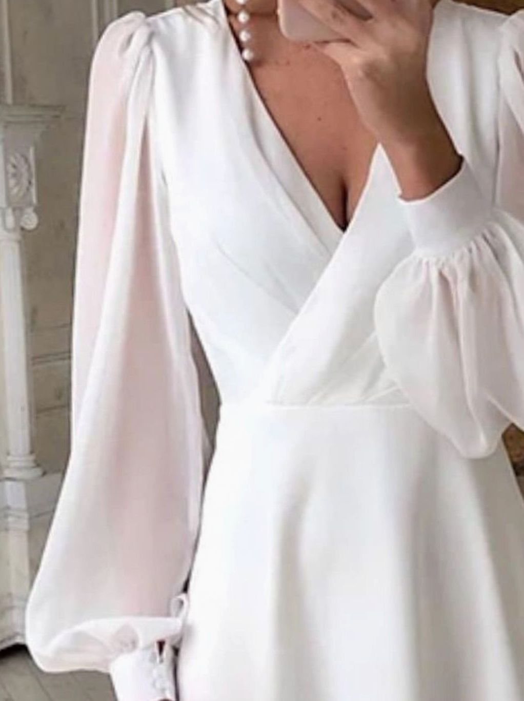 Elisabeth | Damen Fließendes Brautkleid Langarm V-Ausschnitt Midi Chiffon