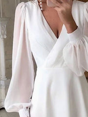 Elisabeth | Damen Fließendes Brautkleid Langarm V-Ausschnitt Midi Chiffon