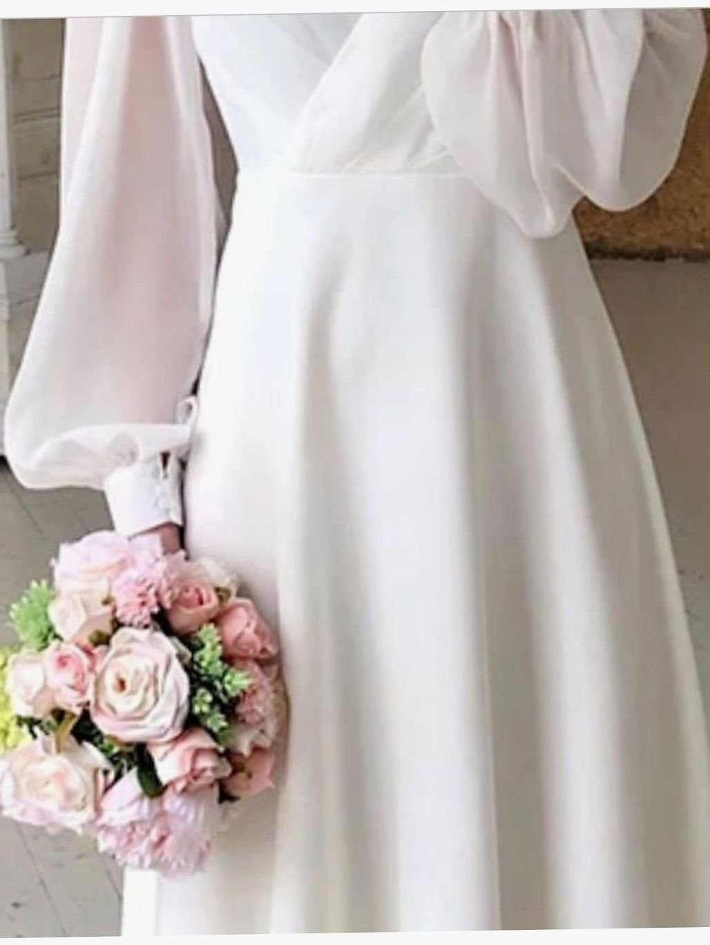 Elisabeth | Damen Fließendes Brautkleid Langarm V-Ausschnitt Midi Chiffon