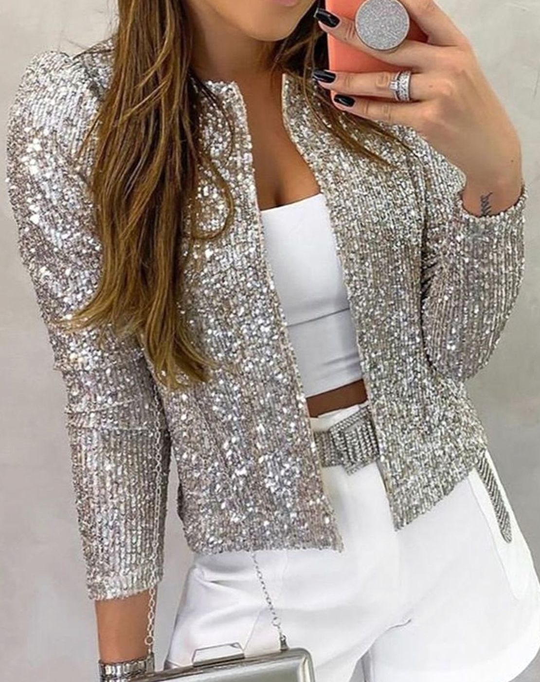 Marlene | Damen Glitzernde Offene Winterjacke Pailletten Blazer