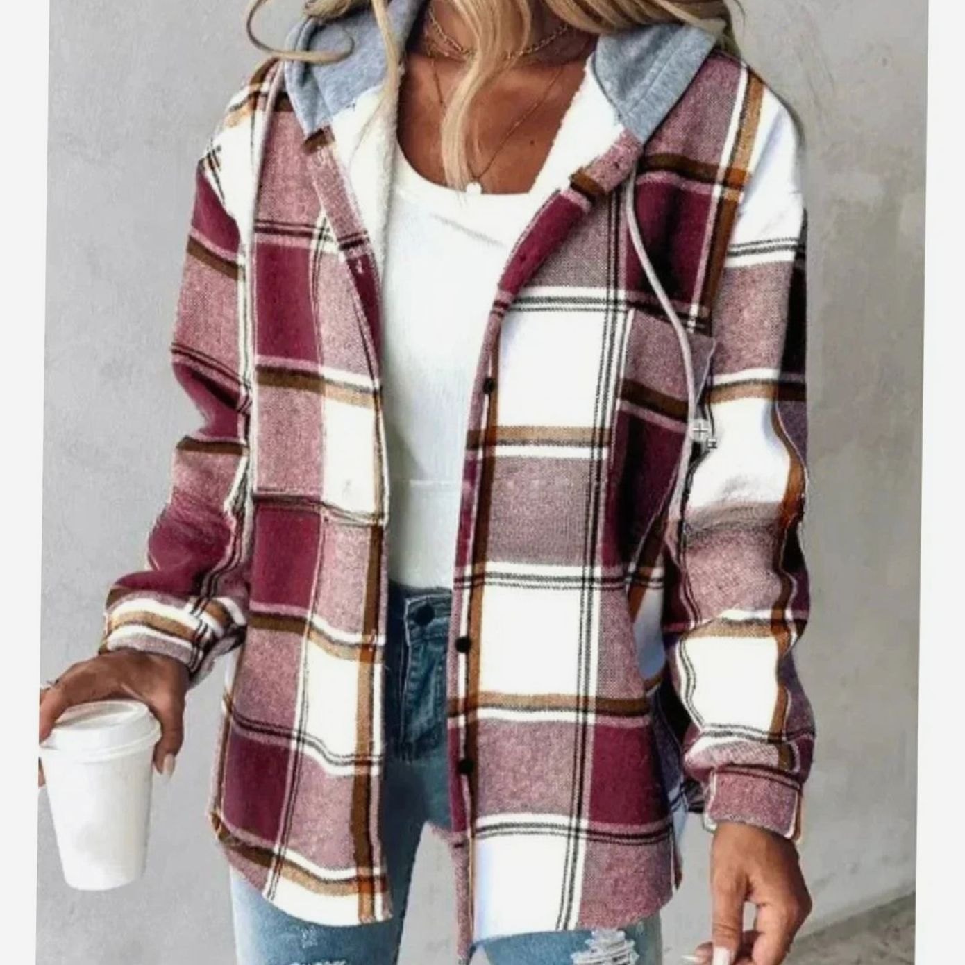 Emilia | Damen Karo Hoodie Jacke lockere Passform warme Winterjacke