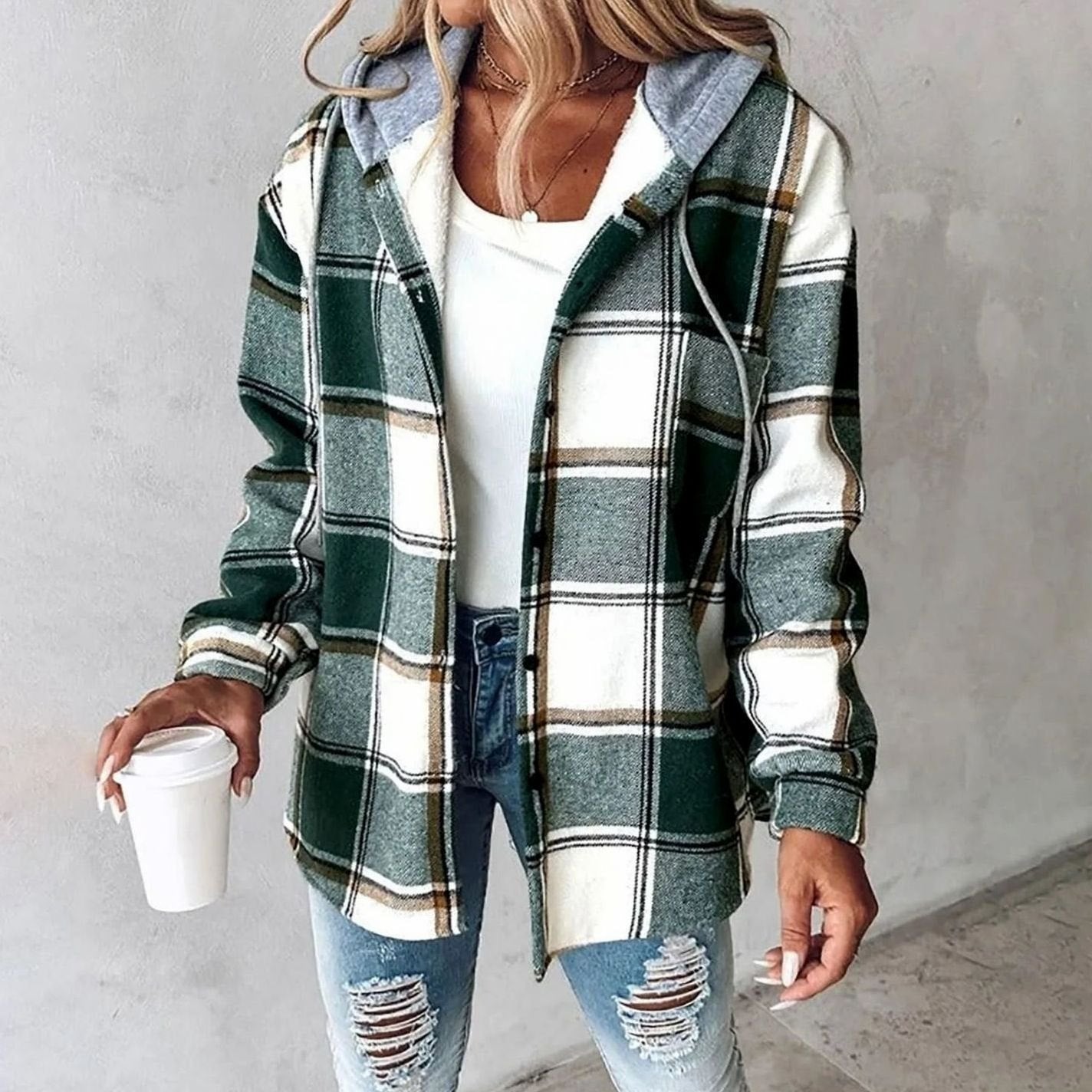 Emilia | Damen Karo Hoodie Jacke lockere Passform warme Winterjacke
