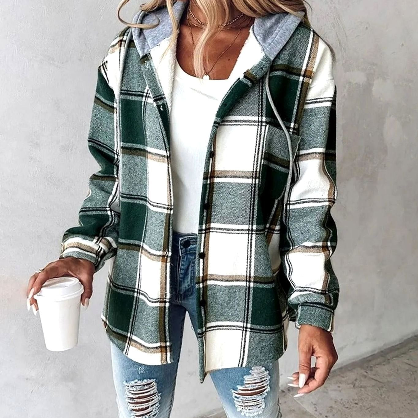 Emilia | Damen Karo Hoodie Jacke lockere Passform warme Winterjacke