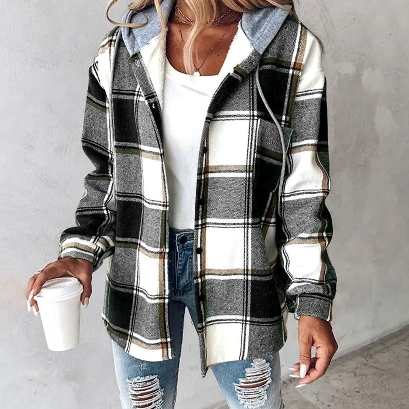 Emilia | Damen Karo Hoodie Jacke lockere Passform warme Winterjacke