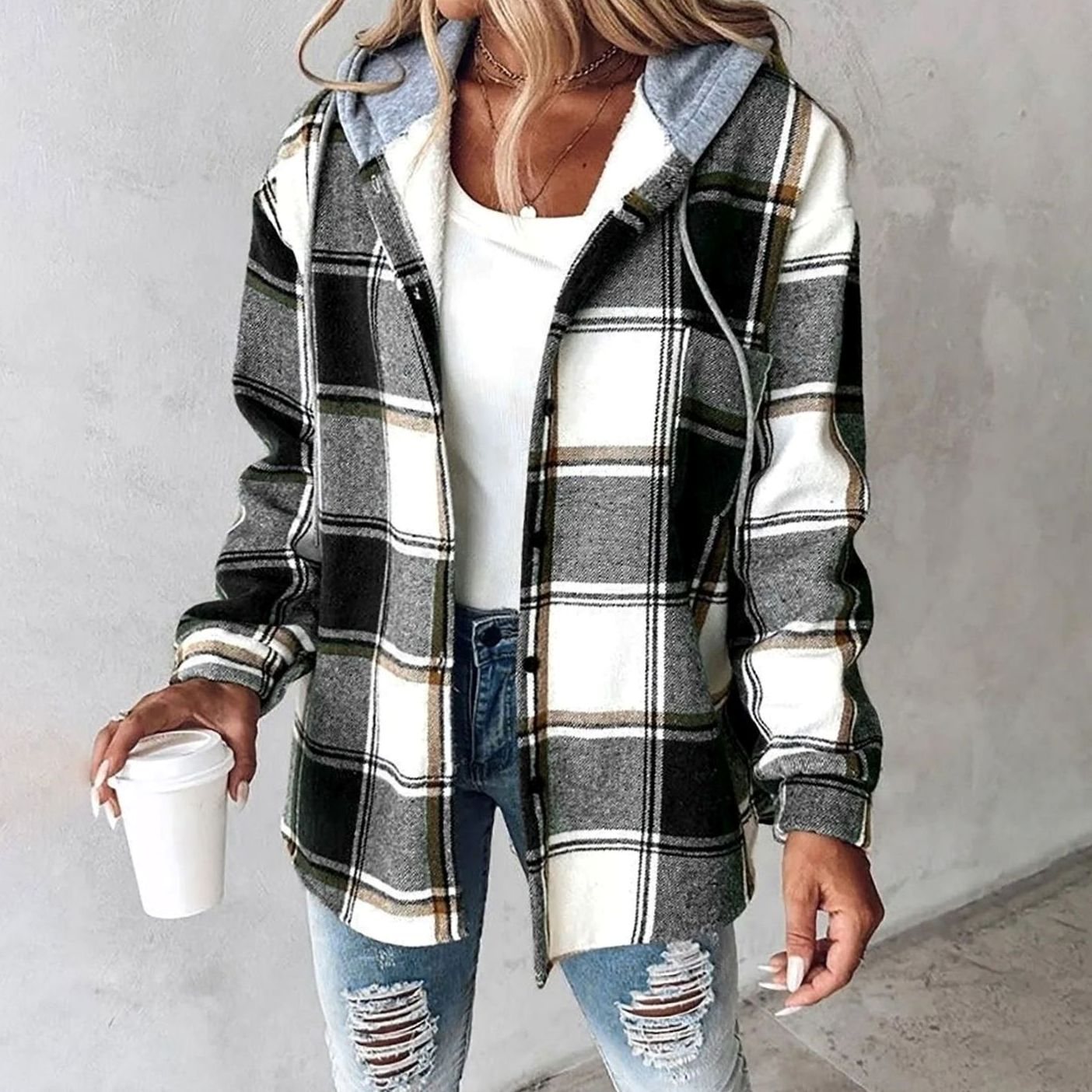 Emilia | Damen Karo Hoodie Jacke lockere Passform warme Winterjacke
