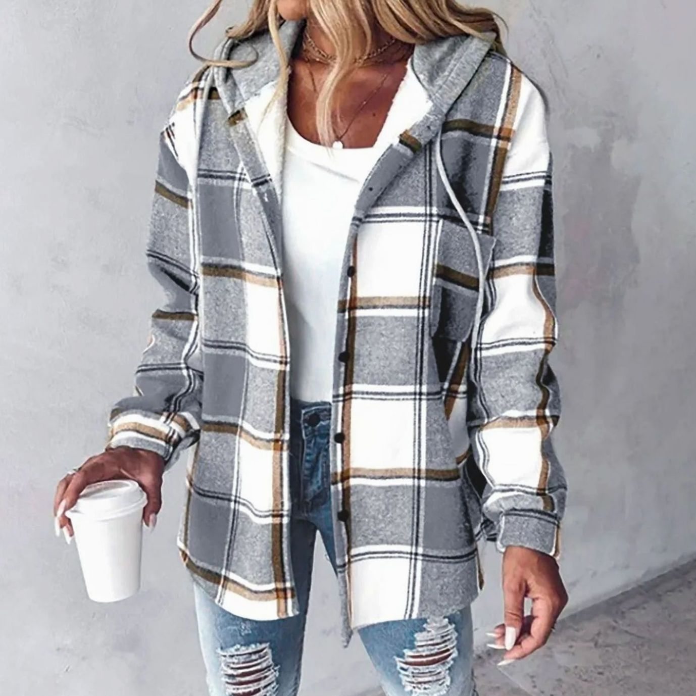 Emilia | Damen Karo Hoodie Jacke lockere Passform warme Winterjacke
