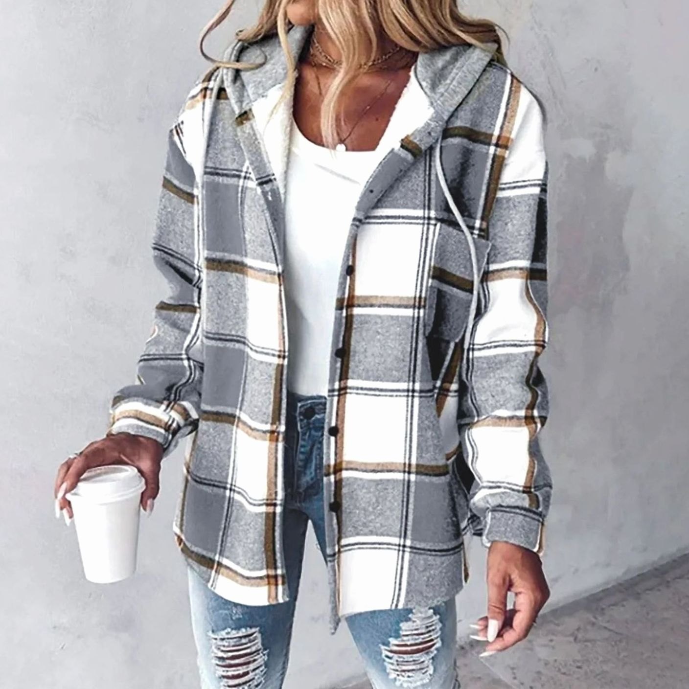 Emilia | Damen Karo Hoodie Jacke lockere Passform warme Winterjacke