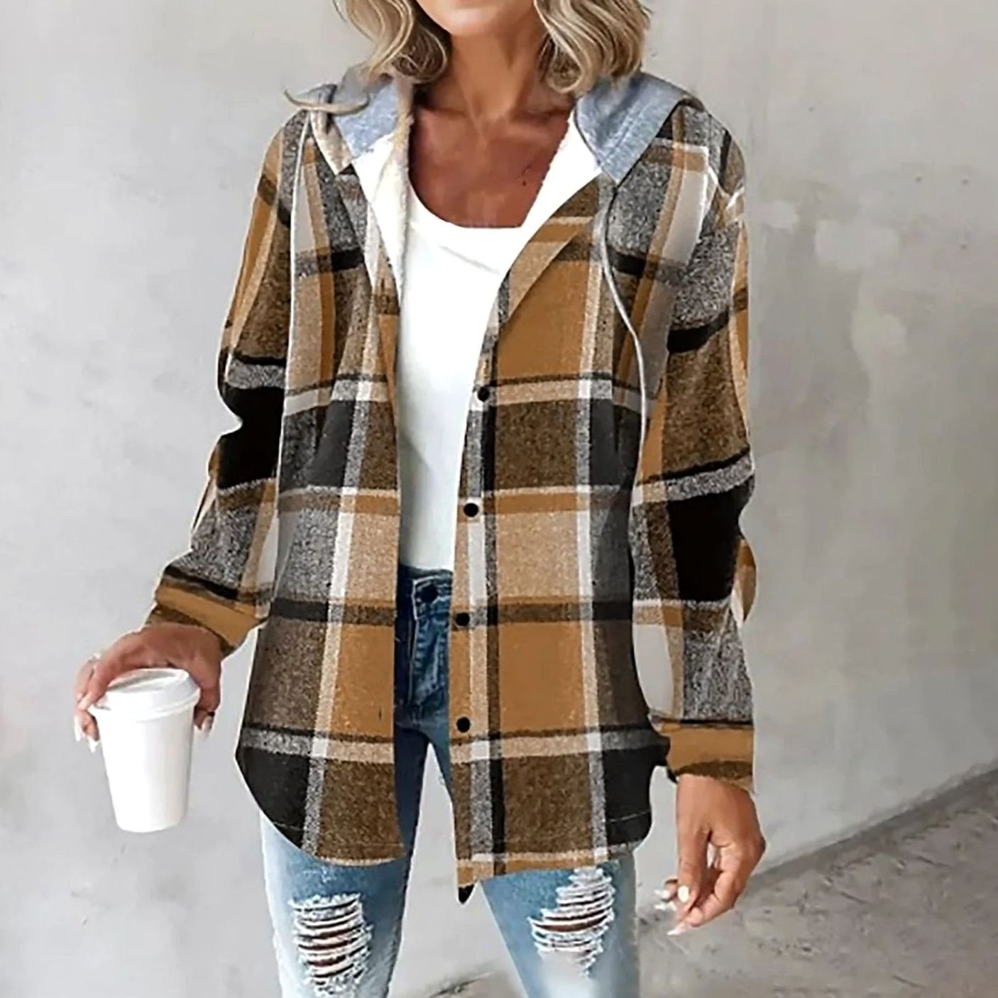 Emilia | Damen Karo Hoodie Jacke lockere Passform warme Winterjacke