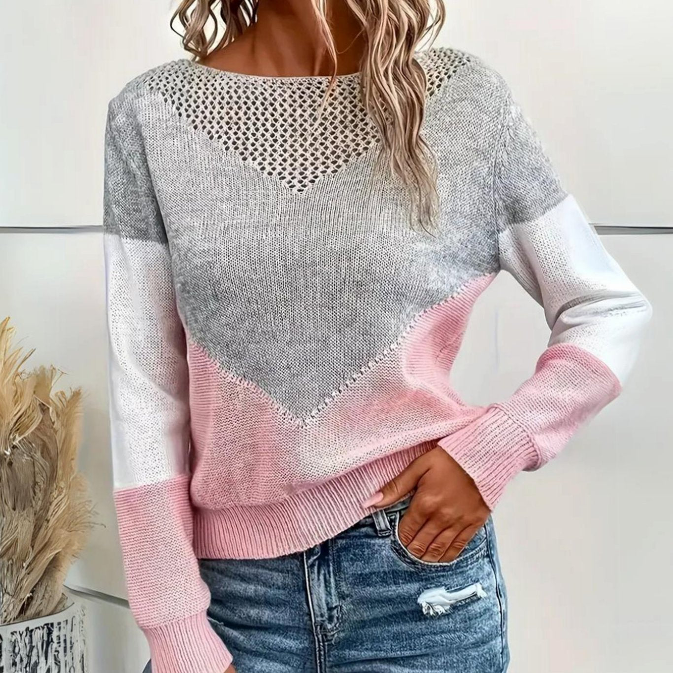 Marlene | Damen Locker Geschnittener Pullover Colorblock Strick Rundhals