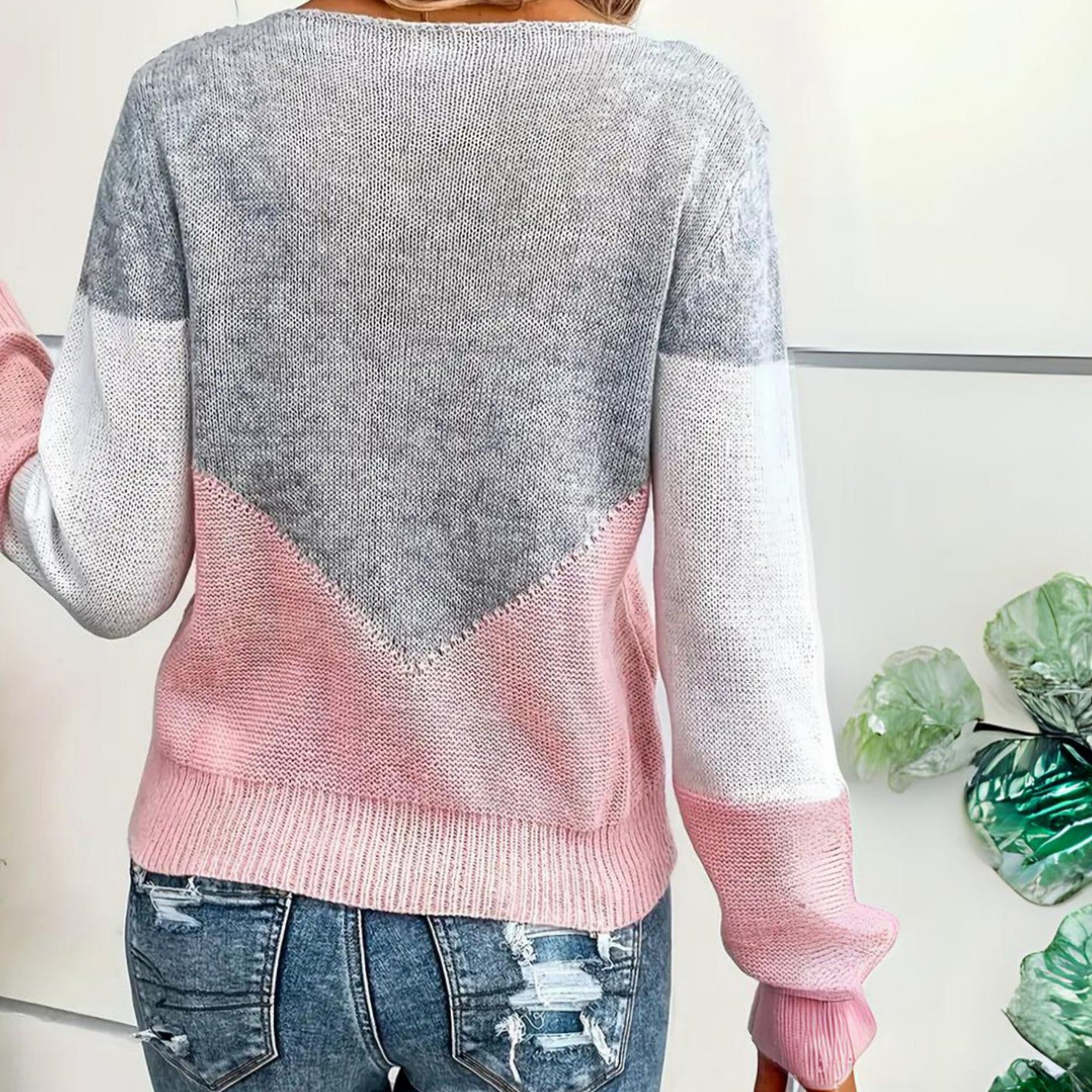 Marlene | Damen Locker Geschnittener Pullover Colorblock Strick Rundhals