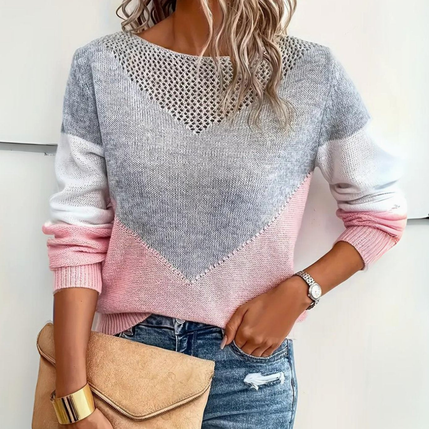 Marlene | Damen Locker Geschnittener Pullover Colorblock Strick Rundhals