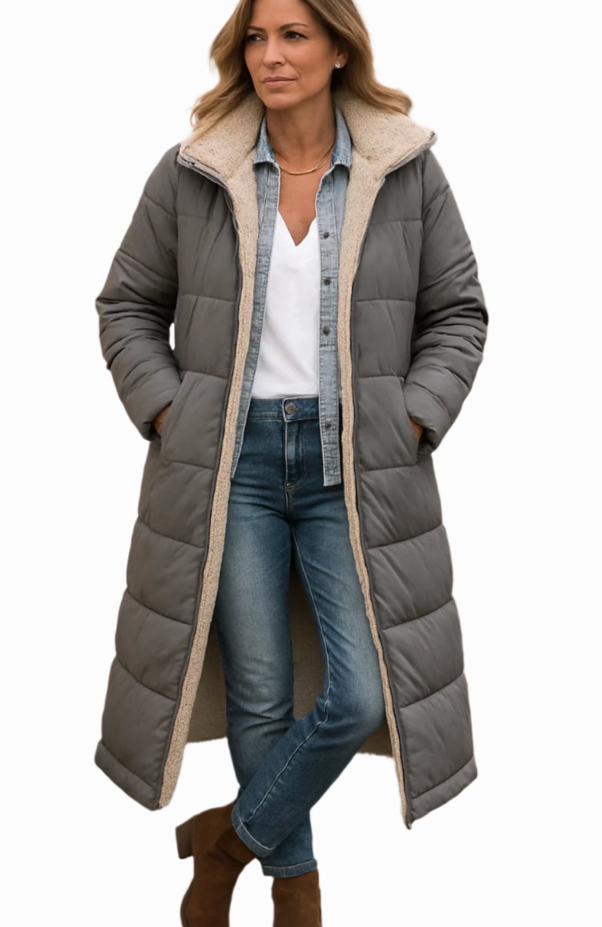 Elfriede | Damen Longline Puffer Jacke Sherpa gefüttert mit Kapuze
