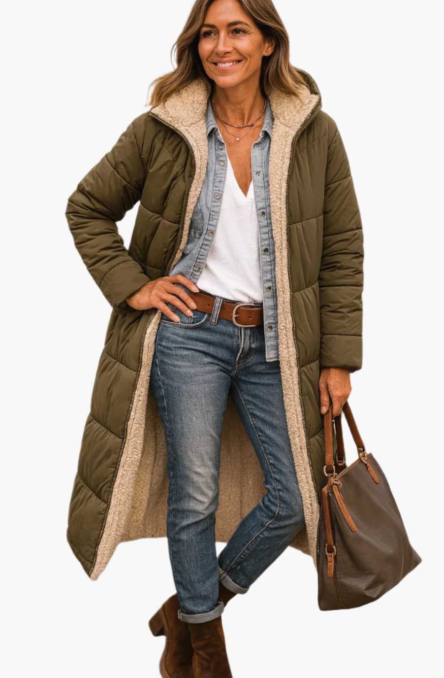 Elfriede | Damen Longline Puffer Jacke Sherpa gefüttert mit Kapuze