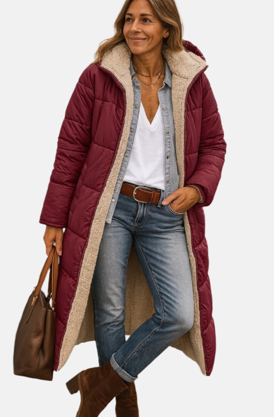 Elfriede | Damen Longline Puffer Jacke Sherpa gefüttert mit Kapuze