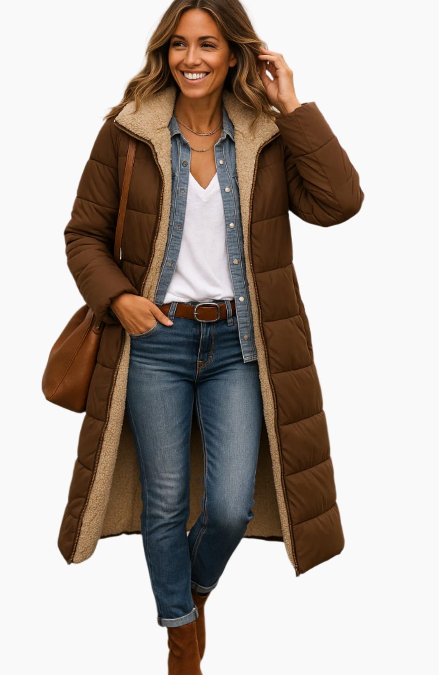 Elfriede | Damen Longline Puffer Jacke Sherpa gefüttert mit Kapuze