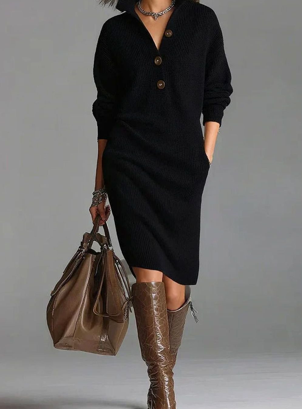 Amelie | Damen Midikleid mit Knopfleiste und Rippstruktur figurbetont