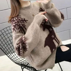Annika | Damen Oversize Strickpullover mit Rentiermotiv festlicher Weihnachtspulli