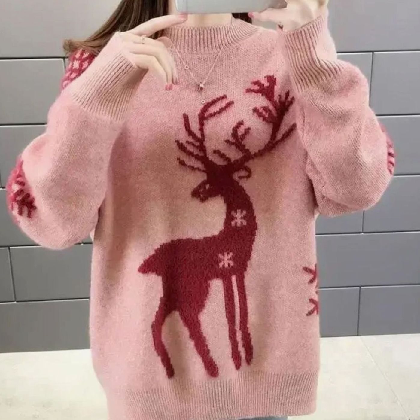 Annika | Damen Oversize Strickpullover mit Rentiermotiv festlicher Weihnachtspulli