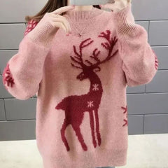 Annika | Damen Oversize Strickpullover mit Rentiermotiv festlicher Weihnachtspulli