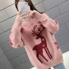 Annika | Damen Oversize Strickpullover mit Rentiermotiv festlicher Weihnachtspulli
