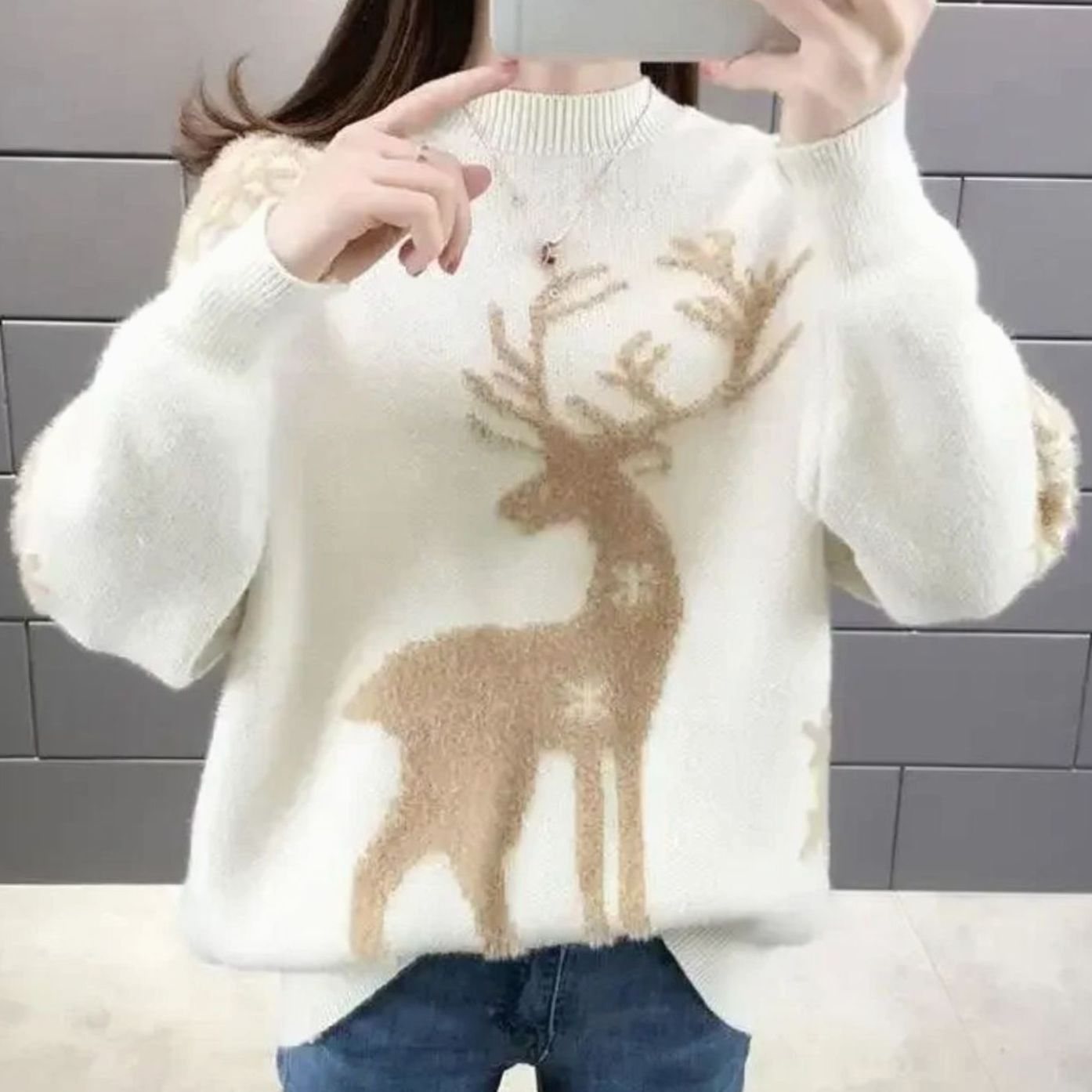 Annika | Damen Oversize Strickpullover mit Rentiermotiv festlicher Weihnachtspulli